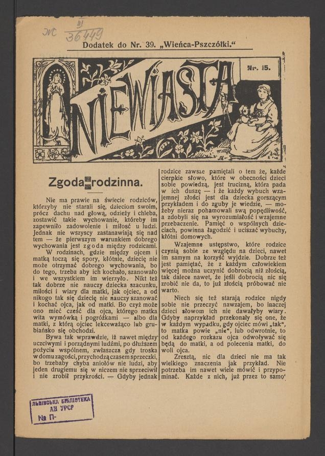 Niewiasta : dodatek do numeru 39 „Wieńca-Pszczółki”. Rok 8, 1908, numer 15