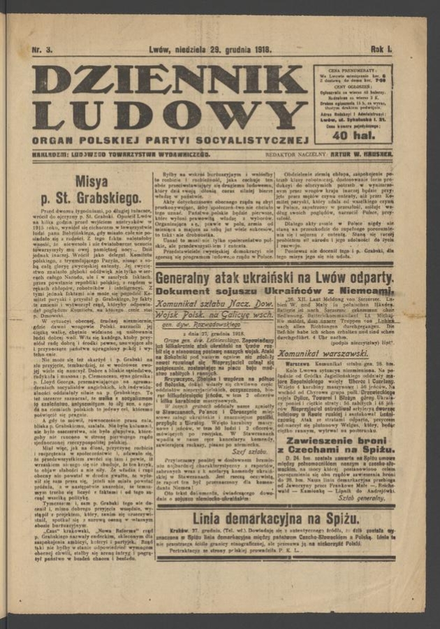 Dziennik Ludowy : organ Polskiej Partyi Socyalistycznej. Rok 1, 1918, numer 3