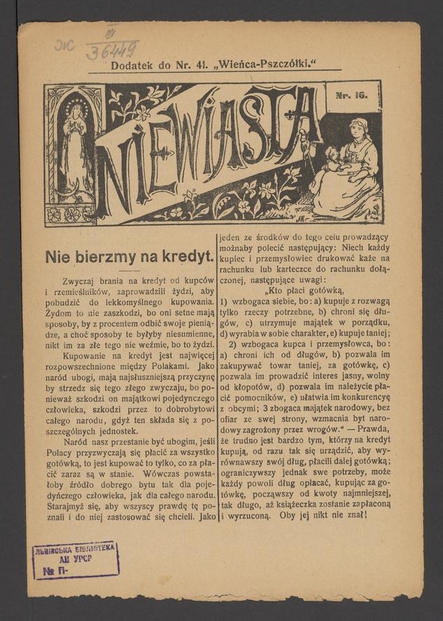 Niewiasta : dodatek do numeru 41 „Wieńca-Pszczółki”. Rok 8, 1908, numer 16
