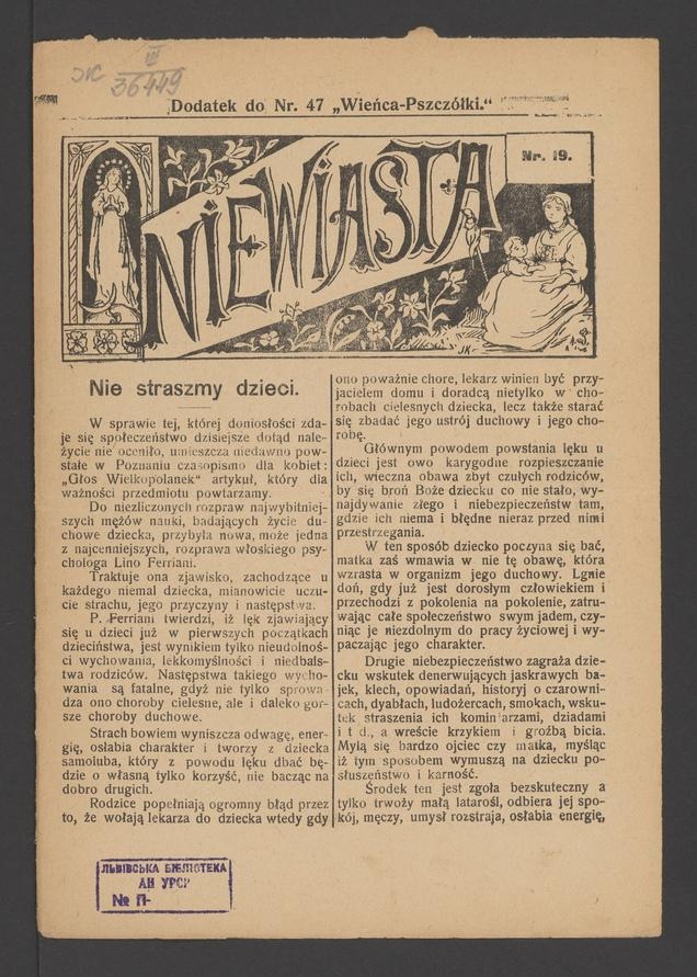 Niewiasta : dodatek do&nbsp;numeru&nbsp;47 &bdquo;Wieńca-Pszcz&oacute;łki&rdquo;. Rok&nbsp;8, 1908, numer&nbsp;19