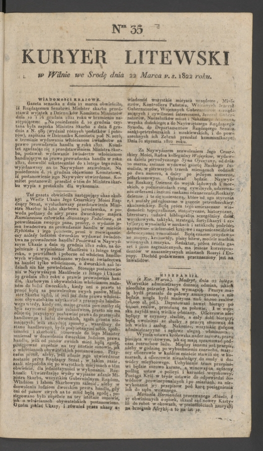 Kuryer Litewski. 1822, numer&nbsp;35