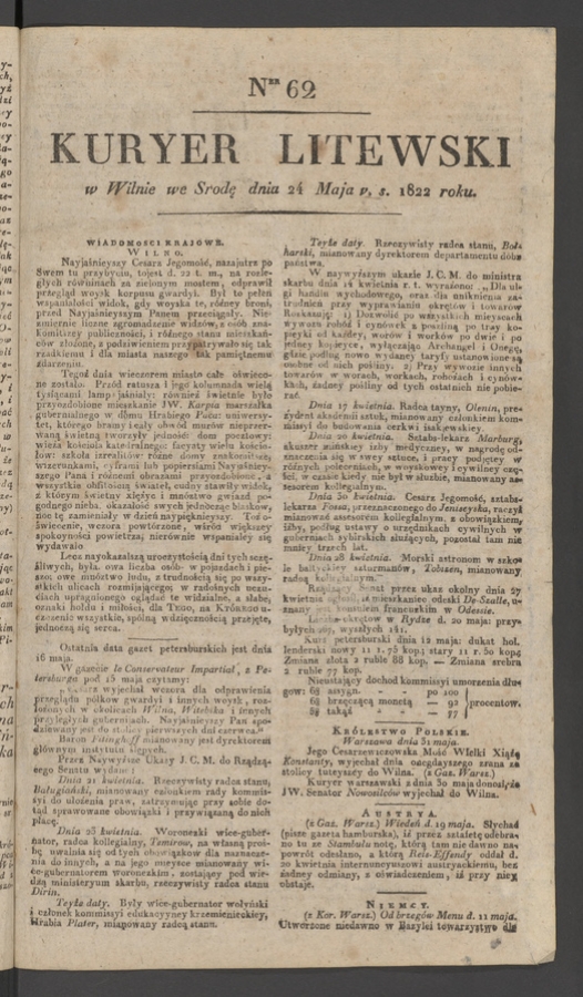 Kuryer Litewski. 1822, numer&nbsp;62
