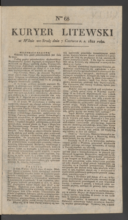 Kuryer Litewski. 1822, numer&nbsp;68