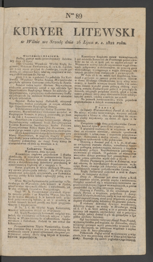 Kuryer Litewski. 1822, numer 89