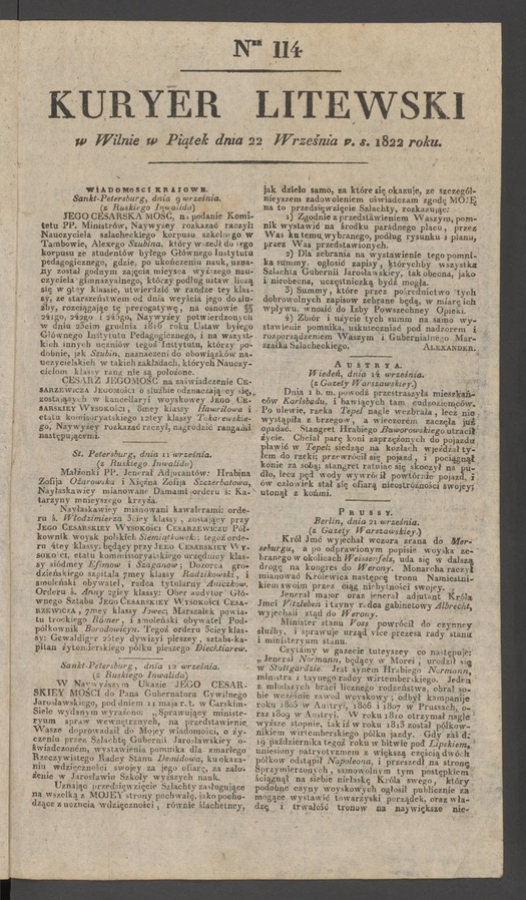 Kuryer Litewski. 1822, numer&nbsp;114