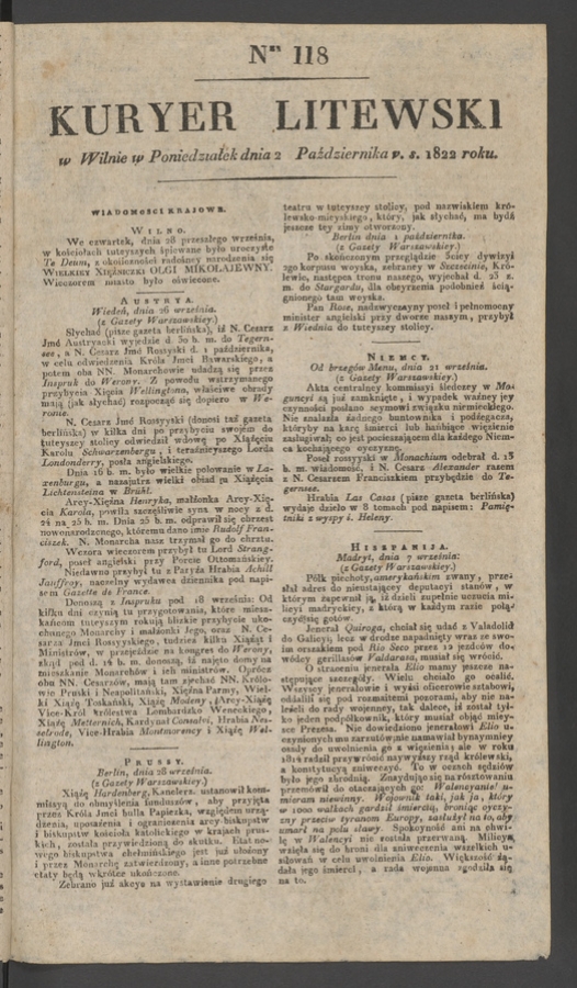 Kuryer Litewski. 1822, numer&nbsp;118
