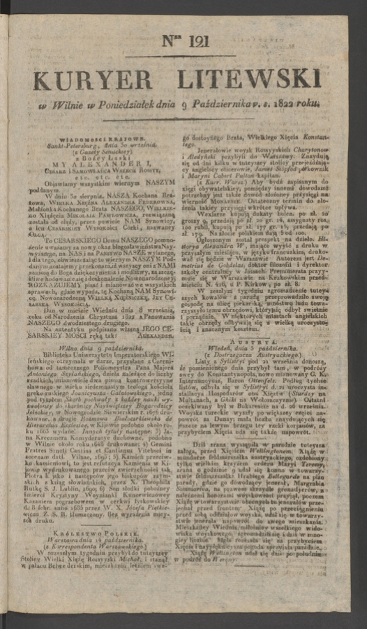 Kuryer Litewski. 1822, numer&nbsp;121