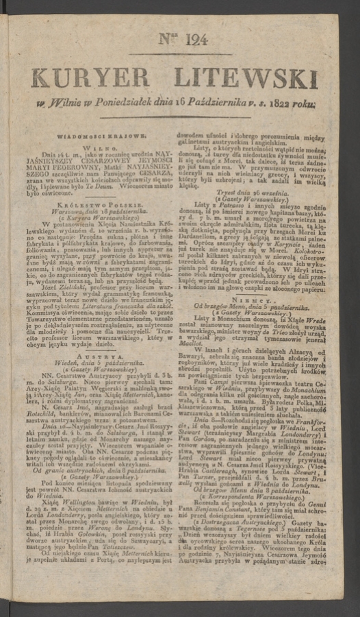Kuryer Litewski. 1822, numer&nbsp;124