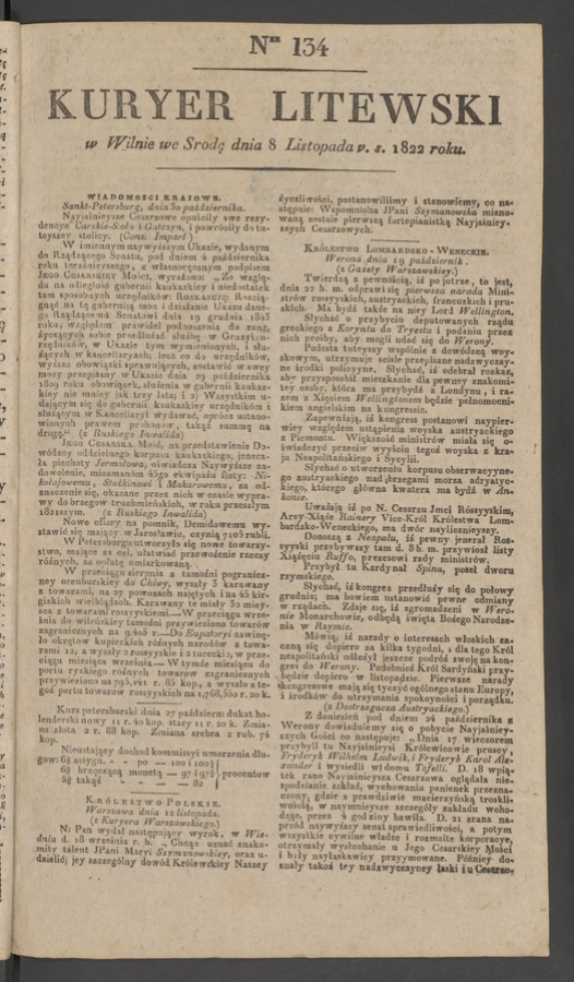Kuryer Litewski. 1822, numer&nbsp;134