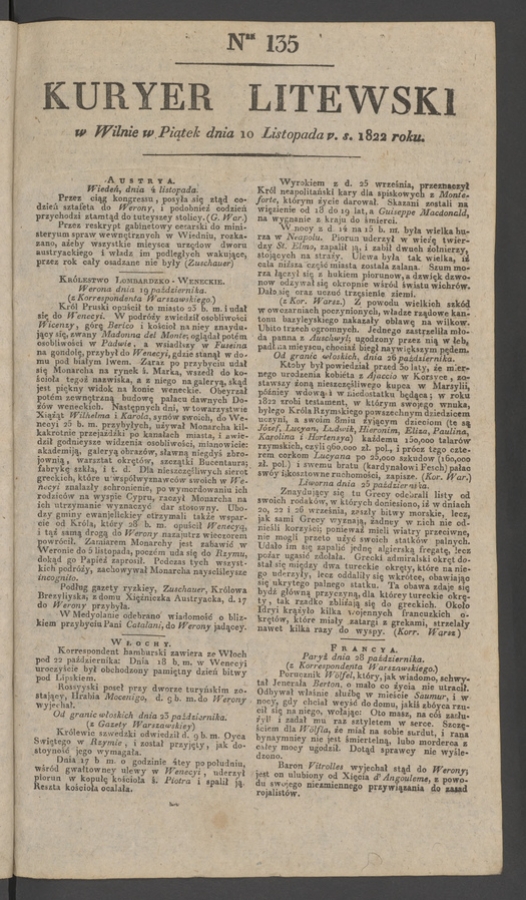 Kuryer Litewski. 1822, numer&nbsp;135
