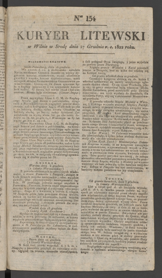 Kuryer Litewski. 1822, numer&nbsp;154