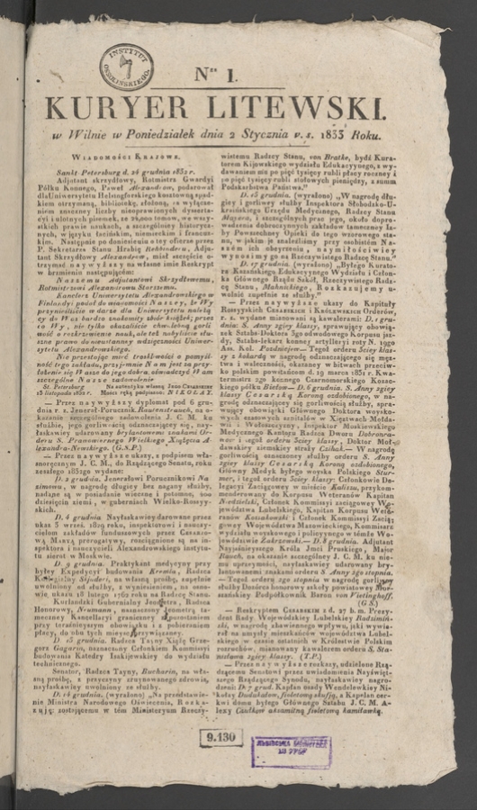 Kuryer Litewski. 1833, numer&nbsp;1