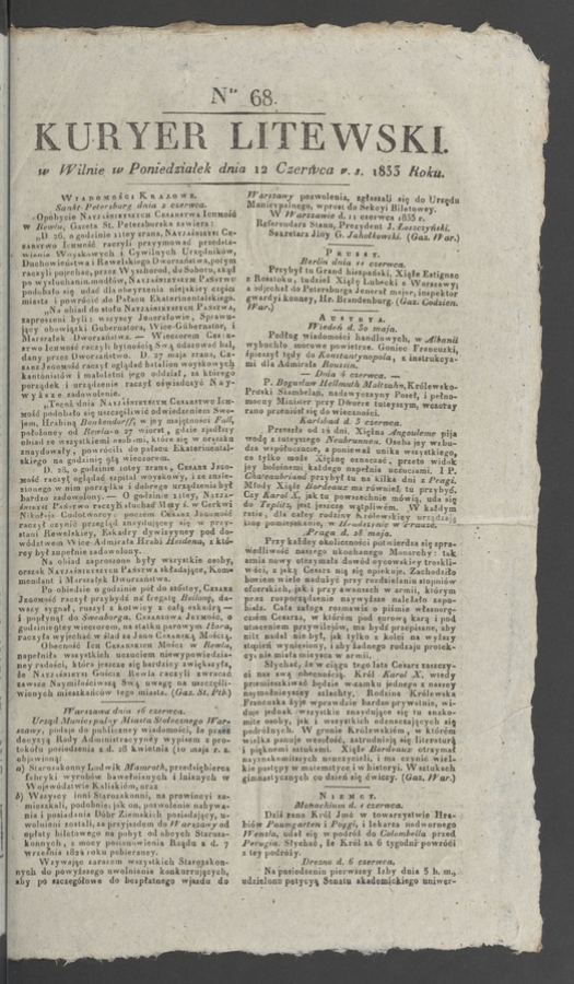 Kuryer Litewski. 1833, numer&nbsp;68