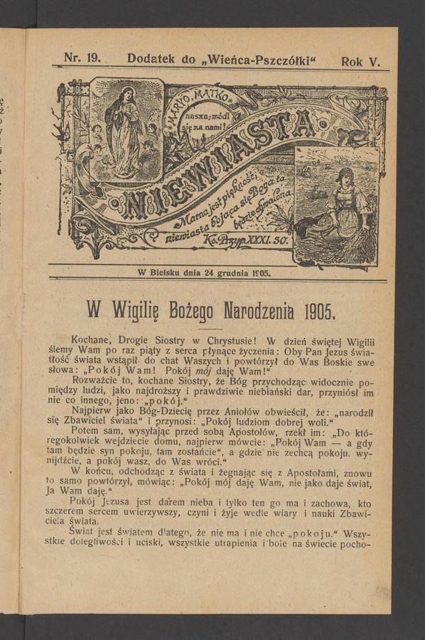 Niewiasta : dodatek do&nbsp;&bdquo;Wieńca-Pszcz&oacute;łki&rdquo;. Rok&nbsp;5, 1905, numer&nbsp;19
