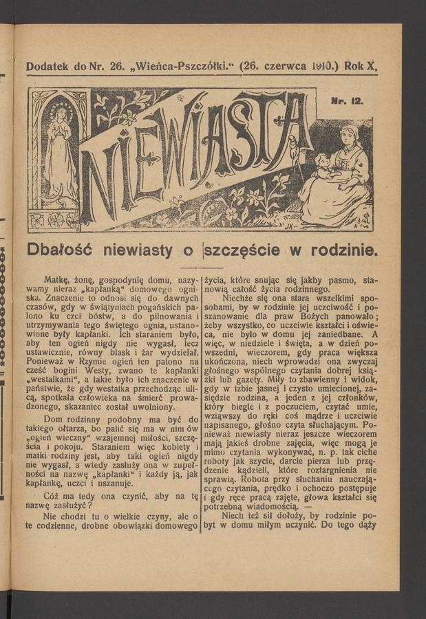 Niewiasta : dodatek do numeru&nbsp;26&nbsp;&bdquo;Wieńca-Pszcz&oacute;łki&rdquo;. Rok&nbsp;10, 1910, numer&nbsp;12