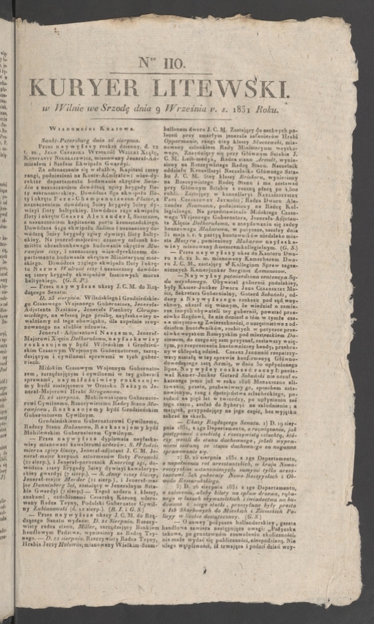 Kuryer Litewski. 1831, numer&nbsp;110