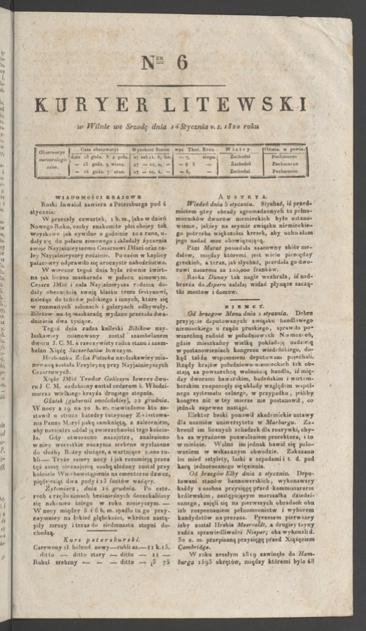 Kuryer Litewski. 1820, numer&nbsp;6