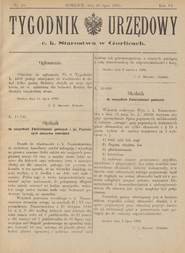 Tygodnik Urzędowy c.&nbsp;k. Starostwa w&nbsp;Gorlicach. Rok&nbsp;6, 1895, numer&nbsp;10