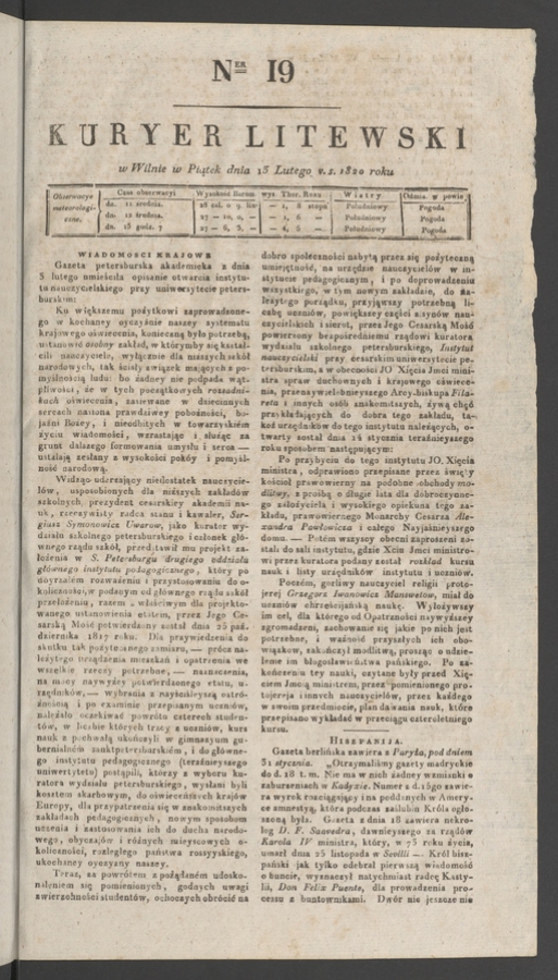 Kuryer Litewski. 1820, numer 19