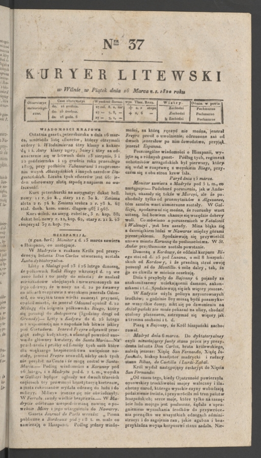 Kuryer Litewski. 1820, numer 37