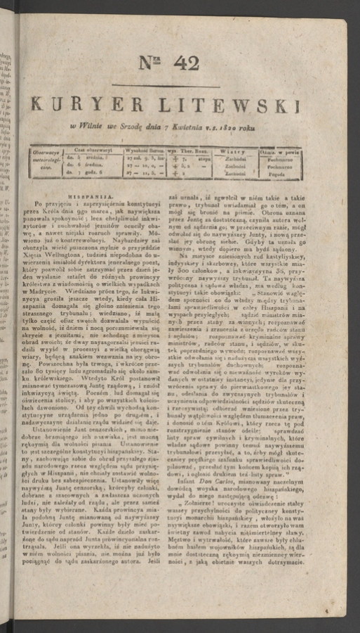 Kuryer Litewski. 1820, numer&nbsp;42