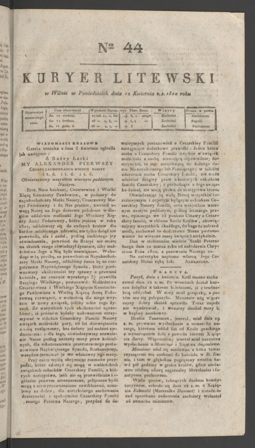 Kuryer Litewski. 1820, numer&nbsp;44