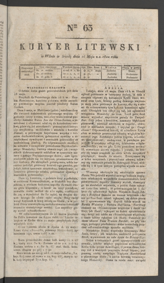 Kuryer Litewski. 1820, numer&nbsp;63