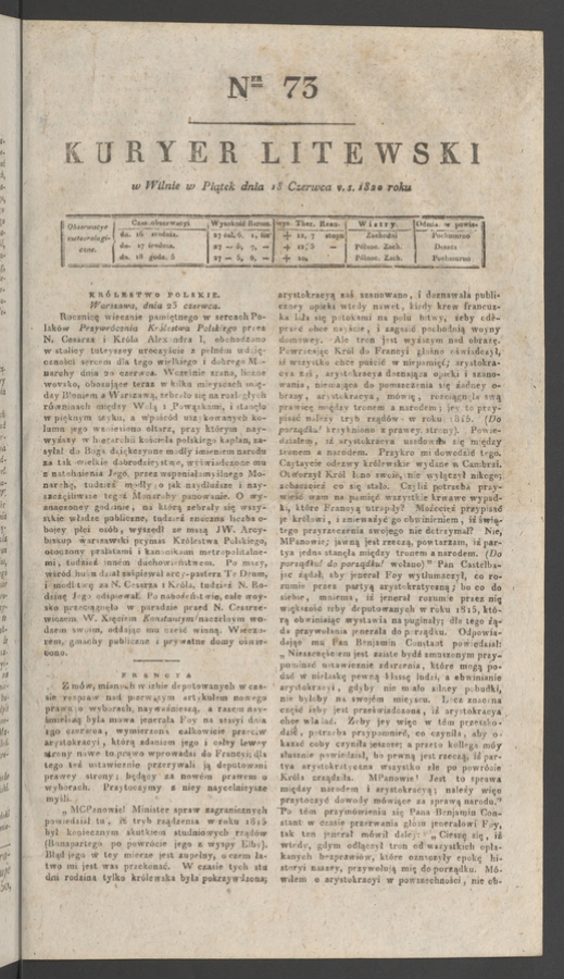 Kuryer Litewski. 1820, numer&nbsp;73