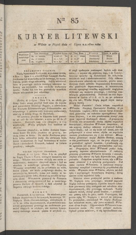 Kuryer Litewski. 1820, numer&nbsp;85