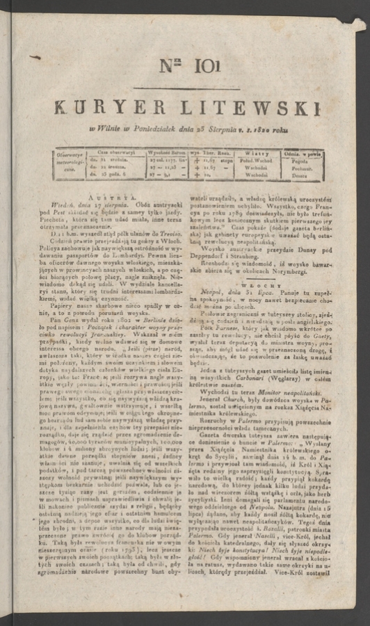 Kuryer Litewski. 1820, numer&nbsp;101