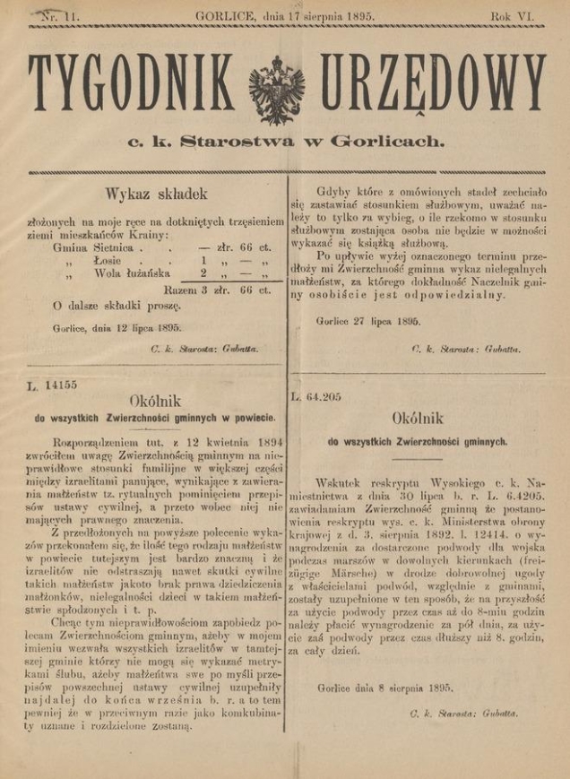 Tygodnik Urzędowy c.&nbsp;k. Starostwa w&nbsp;Gorlicach. Rok&nbsp;6, 1895, numer&nbsp;11
