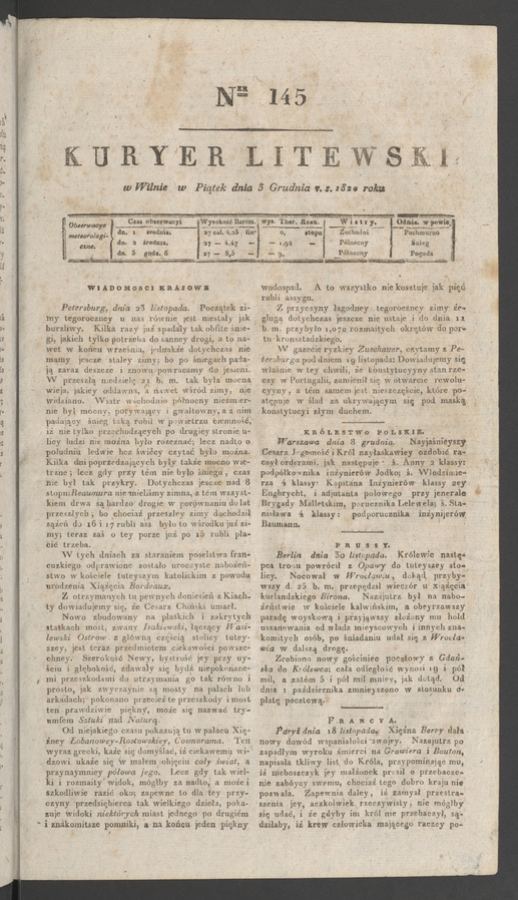 Kuryer Litewski. 1820, numer&nbsp;145