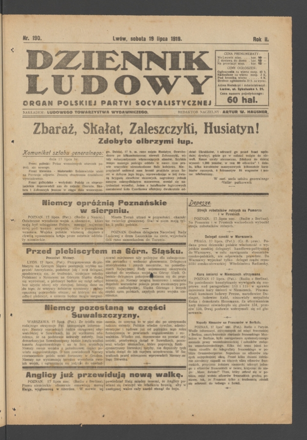 Dziennik Ludowy&nbsp;: organ Polskiej Partyi Socyalistycznej. Rok&nbsp;2, 1919, numer&nbsp;190
