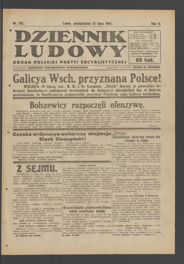 Dziennik Ludowy&nbsp;: organ Polskiej Partyi Socyalistycznej. Rok&nbsp;2, 1919, numer&nbsp;192