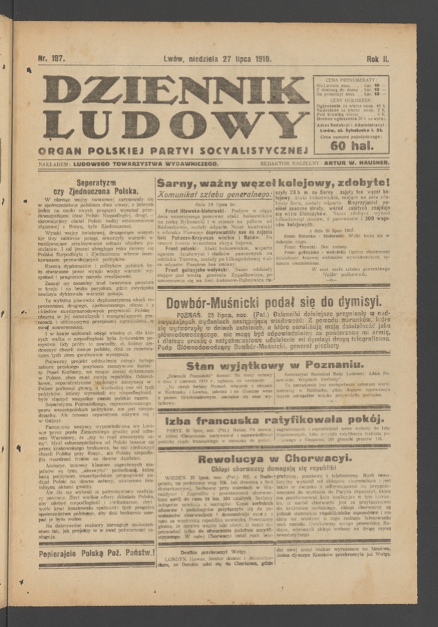 Dziennik Ludowy : organ Polskiej Partyi Socyalistycznej. Rok 2, 1919, numer 197