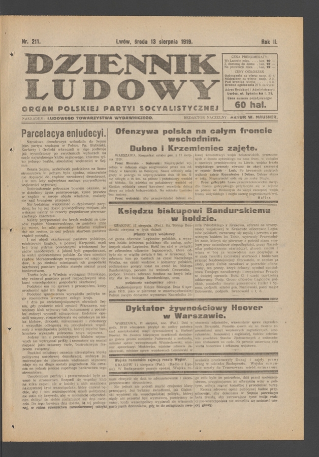 Dziennik Ludowy&nbsp;: organ Polskiej Partyi Socyalistycznej. Rok&nbsp;2, 1919, numer&nbsp;211