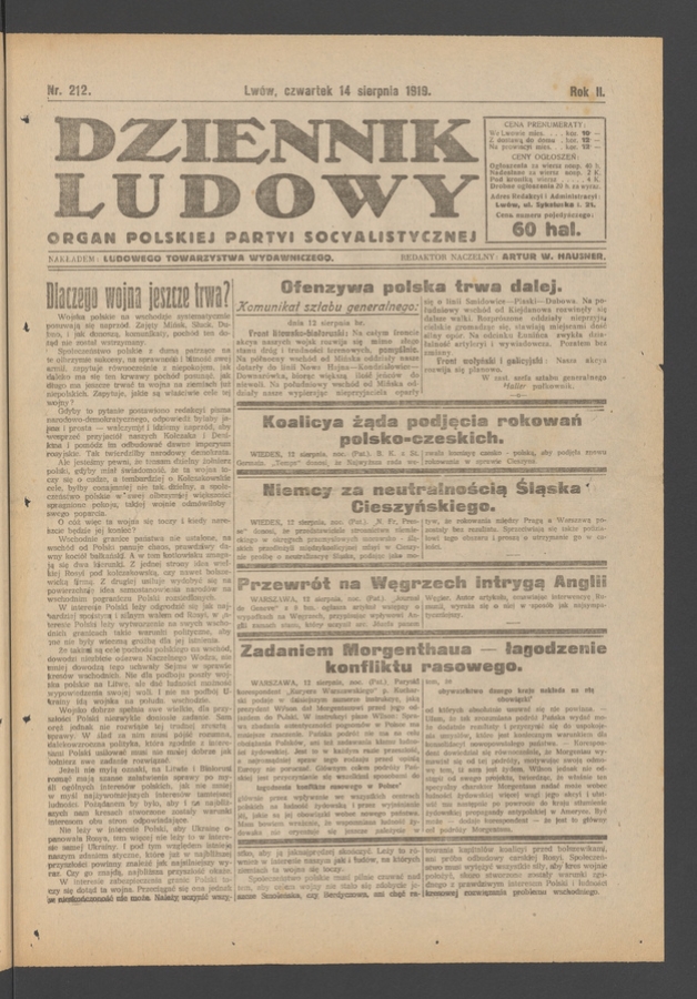 Dziennik Ludowy&nbsp;: organ Polskiej Partyi Socyalistycznej. Rok&nbsp;2, 1919, numer&nbsp;212