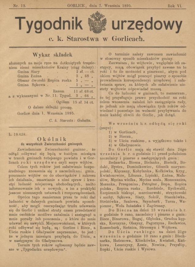 Tygodnik Urzędowy c.&nbsp;k. Starostwa w&nbsp;Gorlicach. Rok&nbsp;6, 1895, numer&nbsp;12