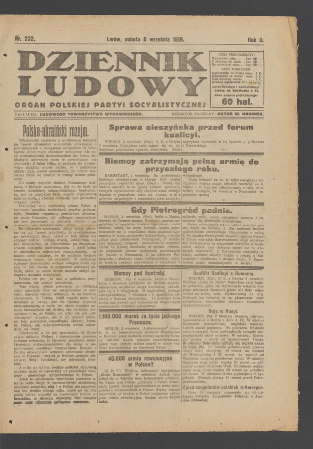 Dziennik Ludowy&nbsp;: organ Polskiej Partyi Socyalistycznej. Rok&nbsp;2, 1919, numer&nbsp;232