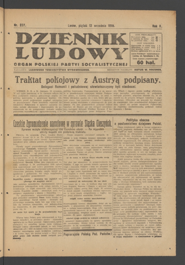 Dziennik Ludowy&nbsp;: organ Polskiej Partyi Socyalistycznej. Rok&nbsp;2, 1919, numer&nbsp;237