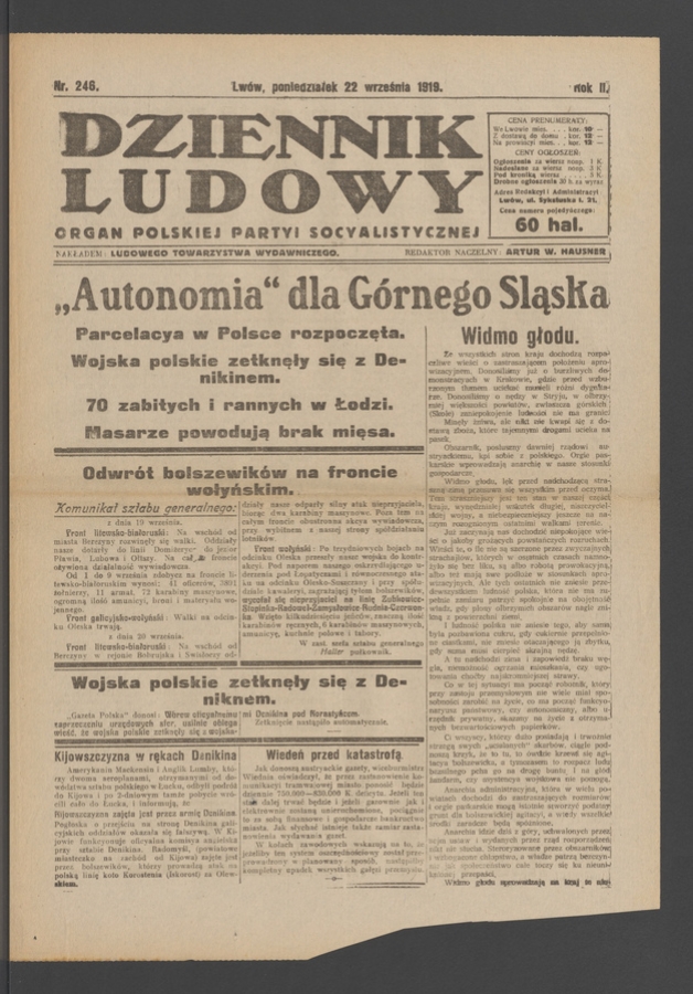 Dziennik Ludowy&nbsp;: organ Polskiej Partyi Socyalistycznej. Rok&nbsp;2, 1919, numer&nbsp;246