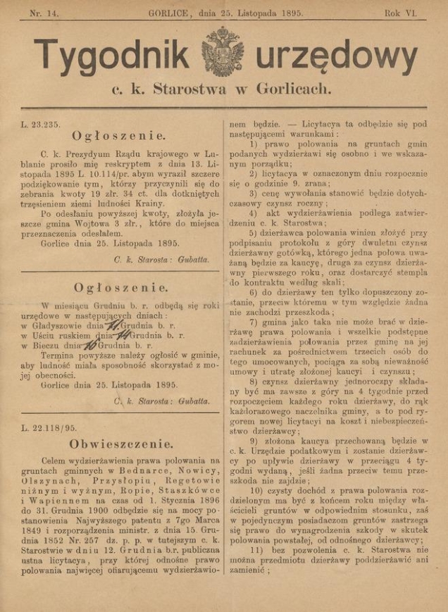Tygodnik Urzędowy c.&nbsp;k. Starostwa w&nbsp;Gorlicach. Rok&nbsp;6, 1895, numer&nbsp;14