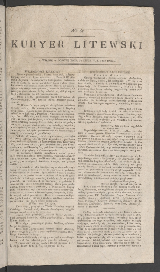 Kuryer Litewski. 1815, numer&nbsp;61