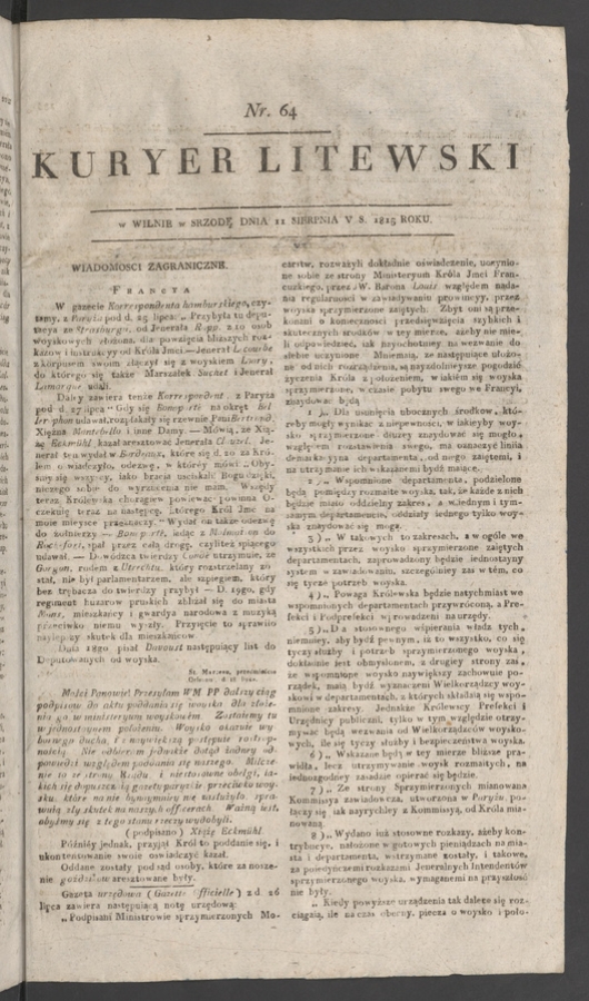 Kuryer Litewski. 1815, numer&nbsp;64