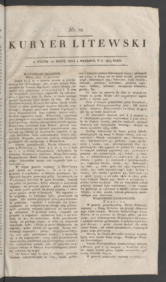 Kuryer Litewski. 1815, numer&nbsp;70