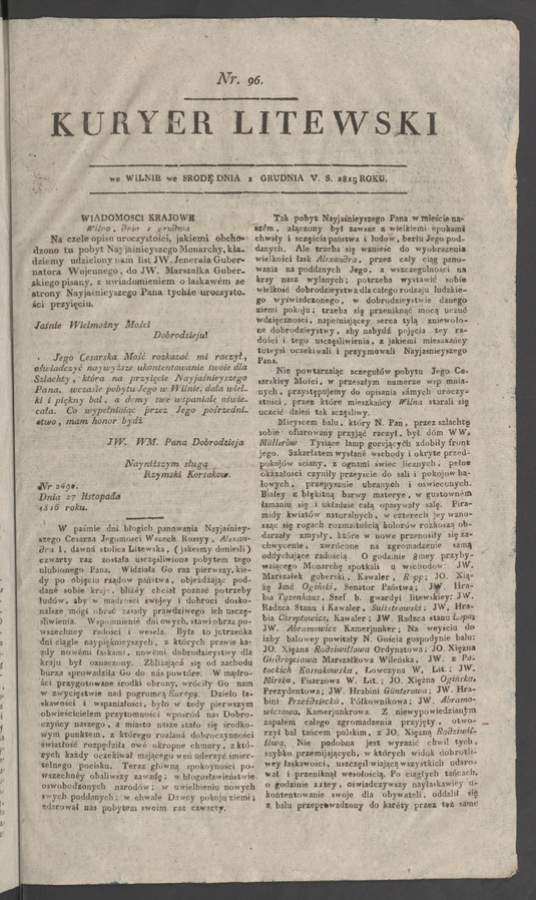 Kuryer Litewski. 1815, numer&nbsp;96