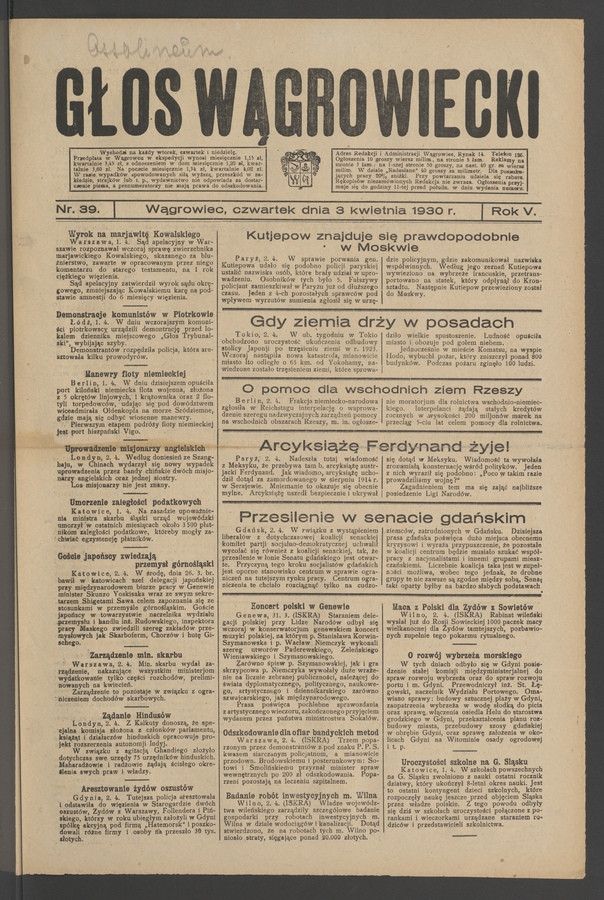 Głos Wągrowiecki. Rok&nbsp;5, 1930, numer&nbsp;39