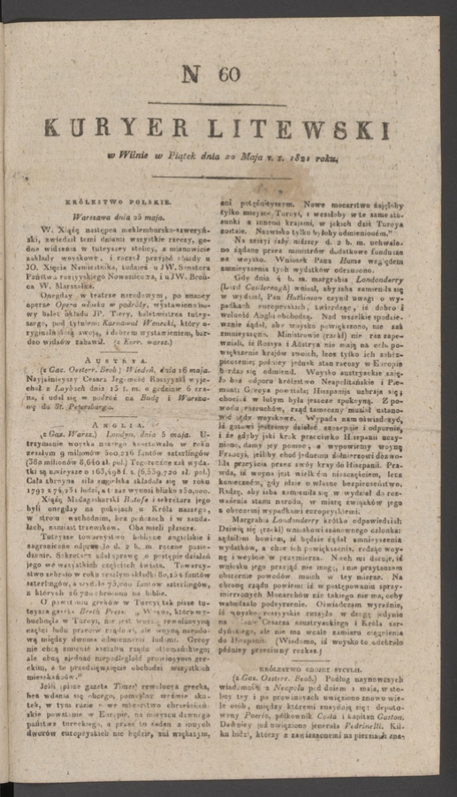 Kuryer Litewski. 1821, numer&nbsp;60