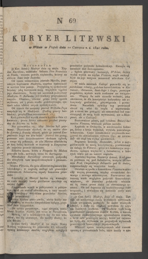 Kuryer Litewski. 1821, numer&nbsp;69