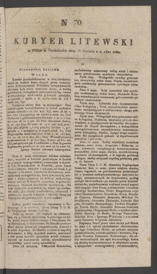 Kuryer Litewski. 1821, numer&nbsp;70